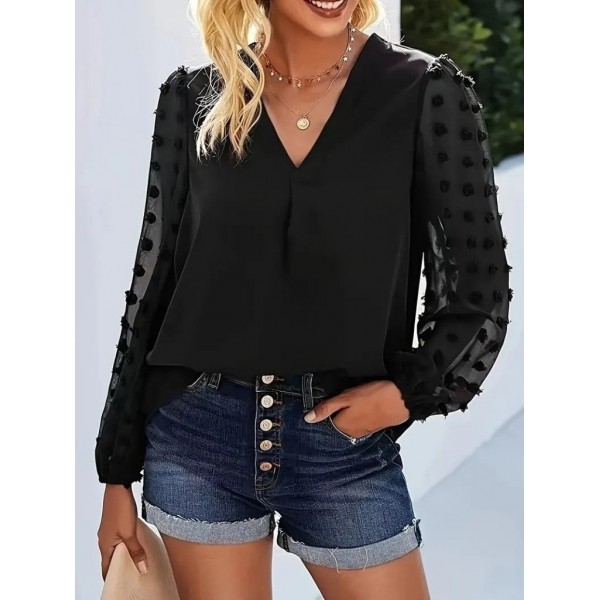 Kadın Uzun Kollu V Yakalı Kolları Popon Detaylı Sandy Bluz