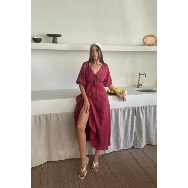 V YAKA DÖKÜMLÜ ELBİSE - Pembe