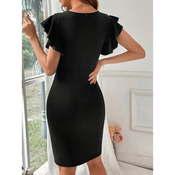 Kadın Kısa Kollu V Yakalı Kolları Volanlı Yandan Yırtmaçlı Kısa Janjan Krep Elbise