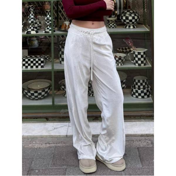 Kadın Yüksek Ben Beli Lastik Detay Kadife Kumaş Bol Paça Pantolon