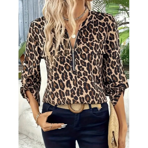 Kadın Uzun Kollu önden Fermuarlı Leopar Desenli Modal Bluz