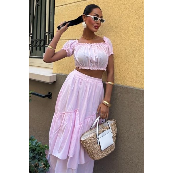 Büzgülü Crop Kat Detaylı Fırfır Etekli Takım 10196