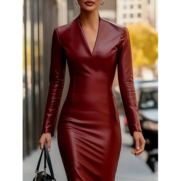 Kadın Uzun Kollu V Yakalı Deri Midi Elbise
