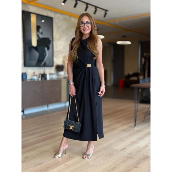 Kadın Sıfır Kollu Bisiklet Yaka Belden Büzgülü Yırtmaç Detaylı Janjan Krep Elbise