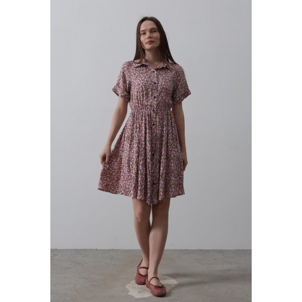 Baskılı Keten Elbise - Lila