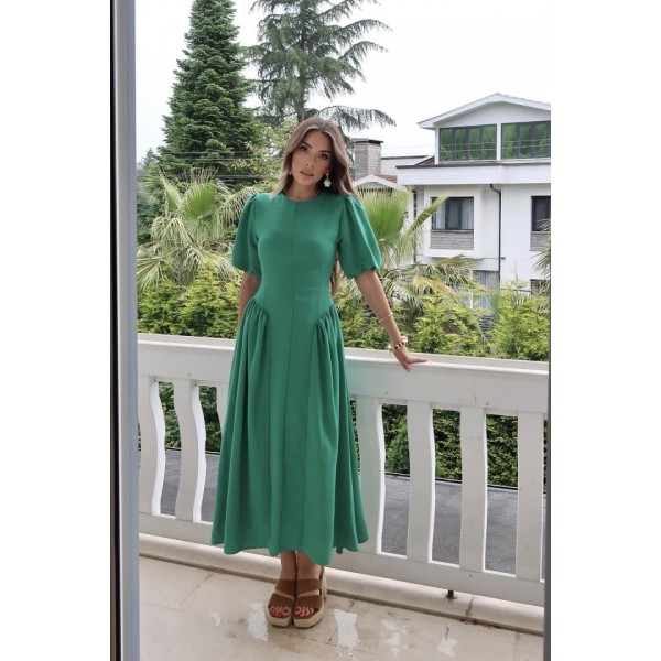 Yeşil Arkadan Bağlamalı Büzgülü Keten Elbise