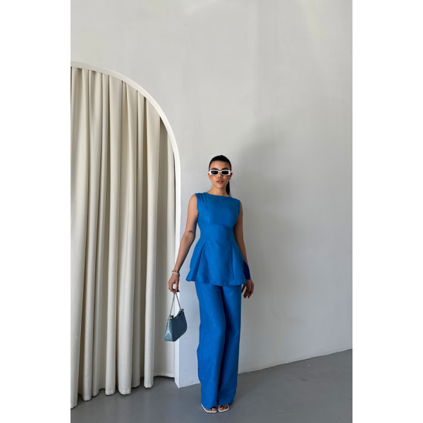 JAKAR KETEN KOLSUZ BLUZ-PANTOLON TK - Mavi