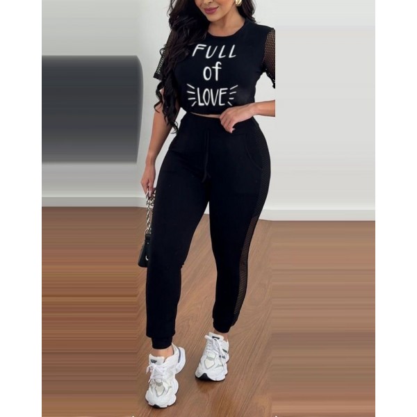 Kadın Kısa Kollu Bisiklet Yaka File Detaylı Viskon Iki Iplik Krop Ve Eşofman Altı Ikili Takım