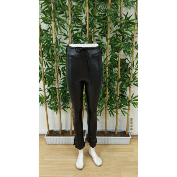 Kadın Yüksek Bel Yanlardan Incili Yırtmaçlı Uzun Deri Tayt