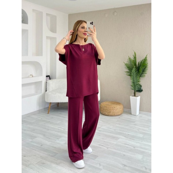 Kadın Kısa Kollu Kayık Yakalı Dikiş Izi Detaylı Viskon Iki Iplik Bluz Ve Pantolon Ikili Takım