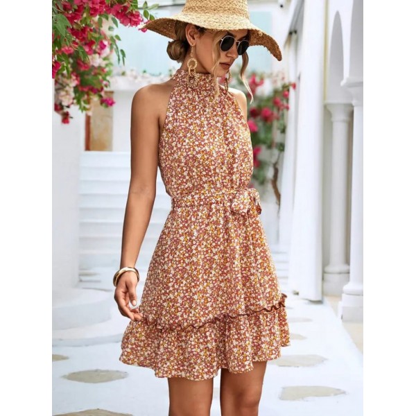 Kadın Eteği Volanlı Halter Yaka Süprem Elbise