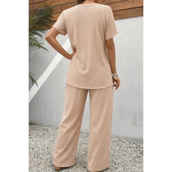 Kadın Kısa Kollu Bisiklet Yaka Asimetrik Kesim Detaylı Bürümcük Bluz Ve Pantolon Ikili Takım