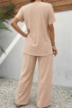 Kadın Kısa Kollu Bisiklet Yaka Asimetrik Kesim Detaylı Bürümcük Bluz Ve Pantolon Ikili Takım