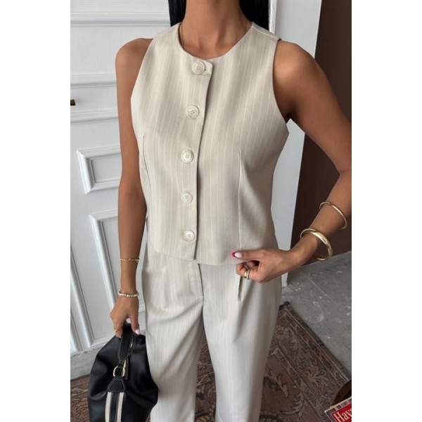 Yelek Plazzo Pantolon Çizgili Flamlı Poliviscon Takım 10178