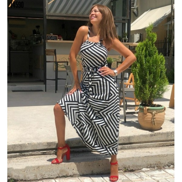 Kadın Ayarlanabilir Askılı Geometrik Desen Kuşaklı Gipeli Süprem Elbise