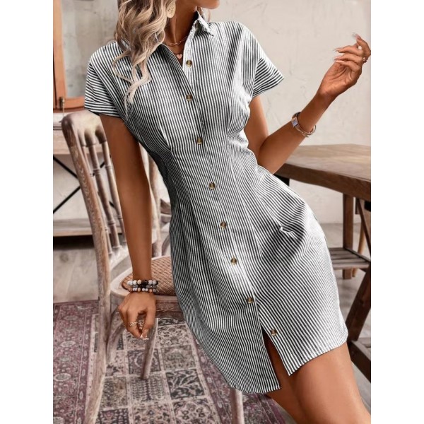 Kadın Kısa Kollu Yakalı önden Düğmeli Kısa Trikoton Elbise