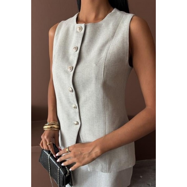 Uzun Yelek Mini Etek Flamlı Keten Takım 10148