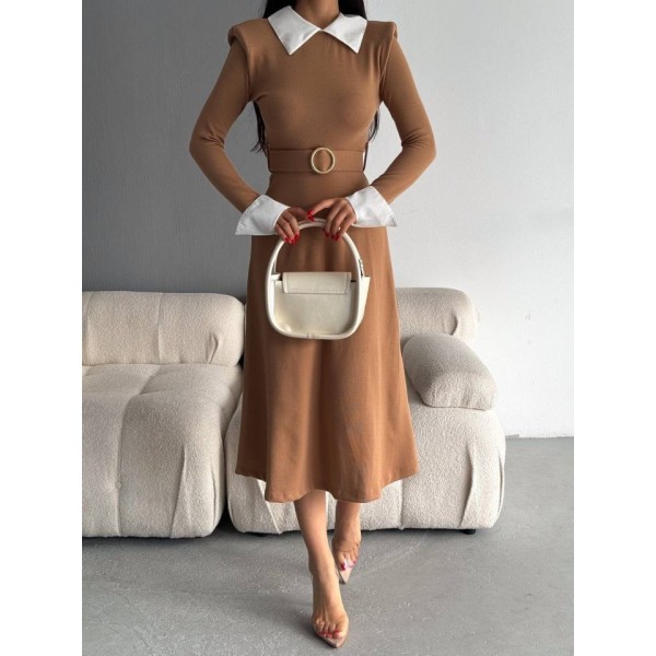 Kadın Uzun Kol Gömlek Yaka Ve Vatka Detay Kemer Dahil Midi Boy Elbise