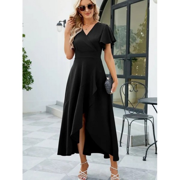 Kadın Kısa Kollu Kruvaze Yakalı önden Volanlı çapraz Kesim Detaylı Maksi Boy Ithal Krep Elbise