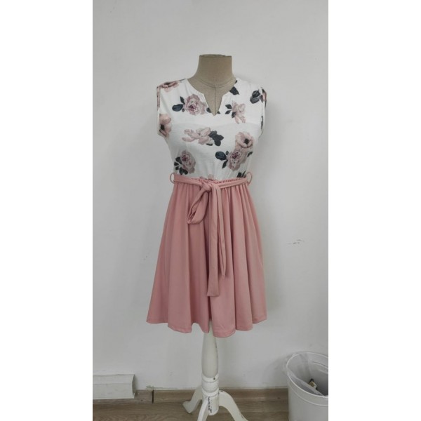 Kadın Sıfır Kollu V Yakalı çiçek Baskılı Beli Kuşaklı Dalgıç Elbise