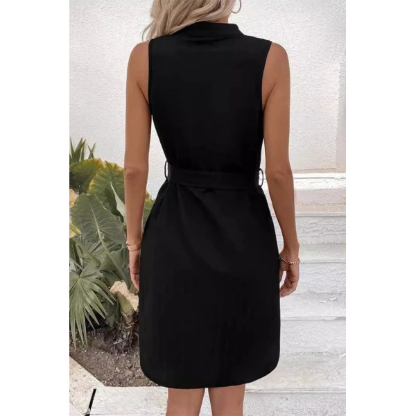 Kadın Sıfır Kollu Hakim Yaka önden Düğmeli Belden Kuşaklı Ithal Keten Elbise