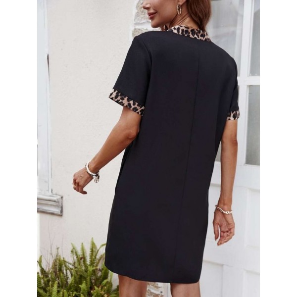 Kadın Kısa Kollu V Yakalı Leopar Desen Detaylı Modal Elbise