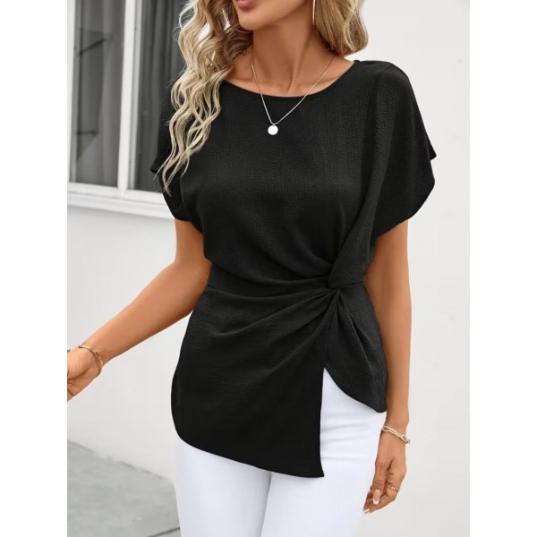 Kadın Kısa Kollu Yuvarlak Yakalı Yandan Sarmal Detaylı Bürümcük Bluz