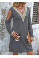 Kadın Uzun Kollu Omuzdan Açık V Dantel Yakalı Mini Waffle Elbise