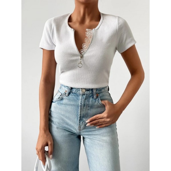 Kadın Beyaz Yaka Dantel Ve Fermuarlı Kaşkorse Bluz