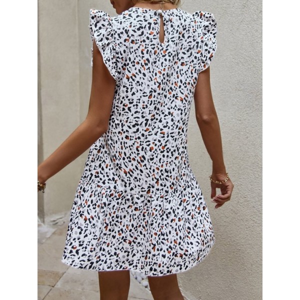 Kadın Kısa Kollu Bisiklet Yaka Etek Ucu Volanlı Kısa Dokuma Elbise