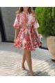 Kadın Kısa Balon Kollu Yuvarlak Yakalı Pileli Desenli Mini Elbise