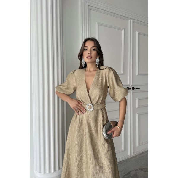Gold Işıltılı Kemerli Kruvaze Elbise