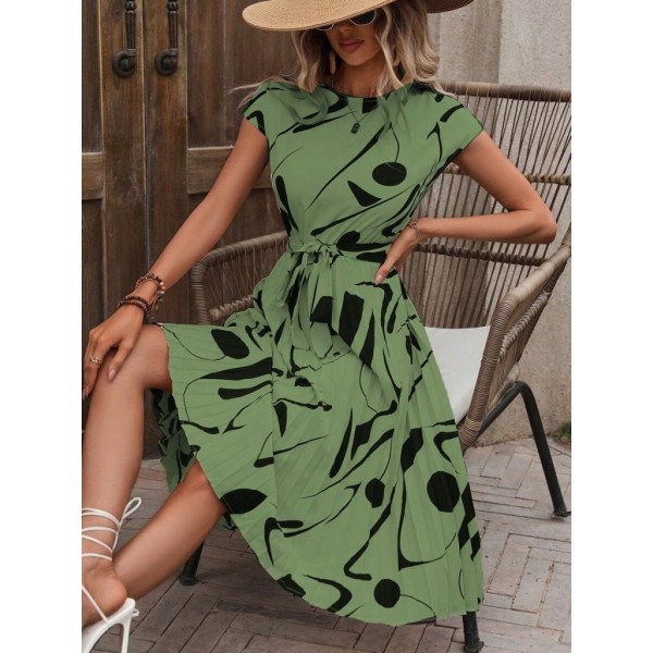 Kadın Kısa Yarasa Kollu Yuvarlak Yaka Beli Büzgülü Süprem Elbise