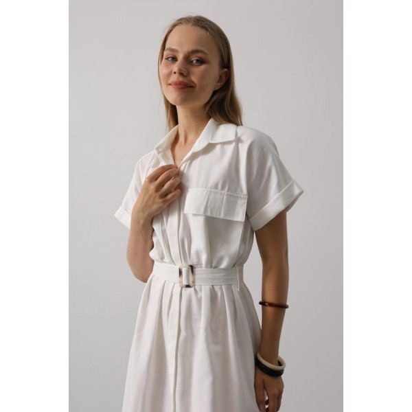 Kuşaklı Cep Detaylı Yarım Kol Elbise - Beyaz