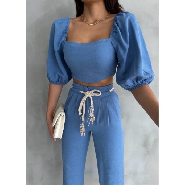 KETEN CROP KARPUZ KOL BLUZ-PANTOLON HASIR KEMERLİ - Mavi