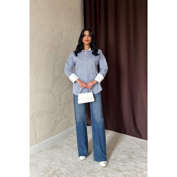 Mavi Çizgili Poplin Uzun Kol Gömlek