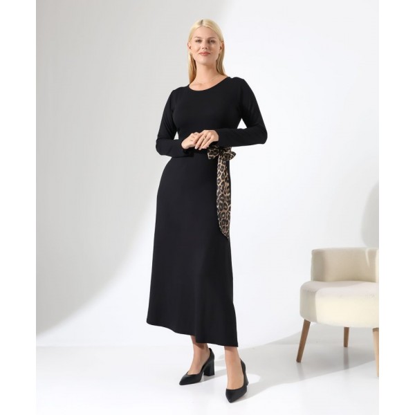 Kadın Bisiklet Yaka Leopar Fiyonk Detay Maxi Boy Elbise