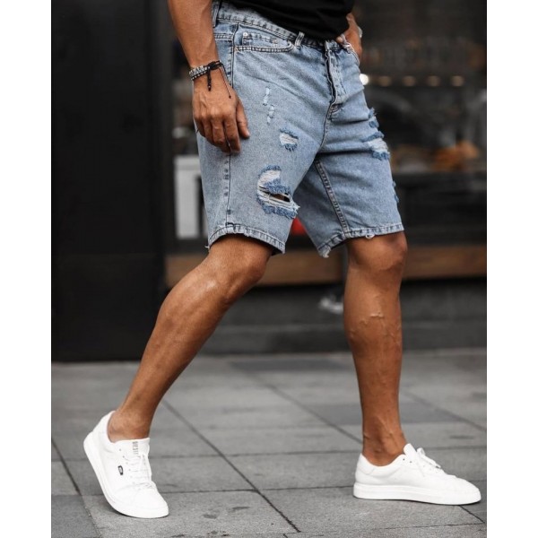 Erkek Buz Mavi Yırtık Detaylı Kot Şort