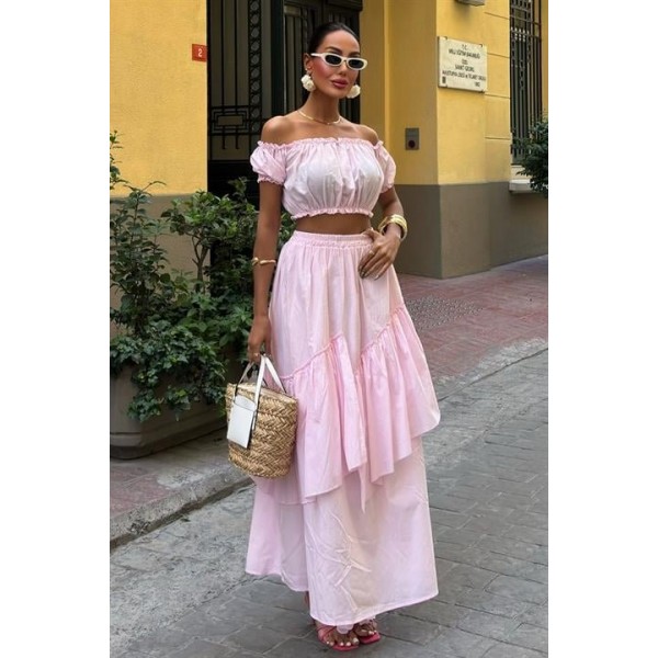 Büzgülü Crop Kat Detaylı Fırfır Etekli Takım 10196