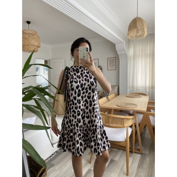 Kadın Kolsuz Sırttan Bağlamalı Fırfırlı Leopar Desenli Süprem Elbise