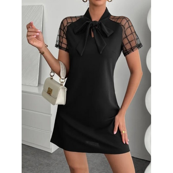 Kadın Kısa Kollu Boyundan Bağlamalı Omuzlarda Tül Detaylı Janjan Krep Elbise