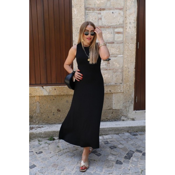 Kadın Kolsuz Sırttan çapraz Ip Detaylı Uzun Viskon Elbise