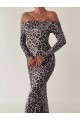Kadın Madonna Yaka Dalgıç Kumaş Leopar Desen Maxi Boy Derin Yırtmaçlı Elbise
