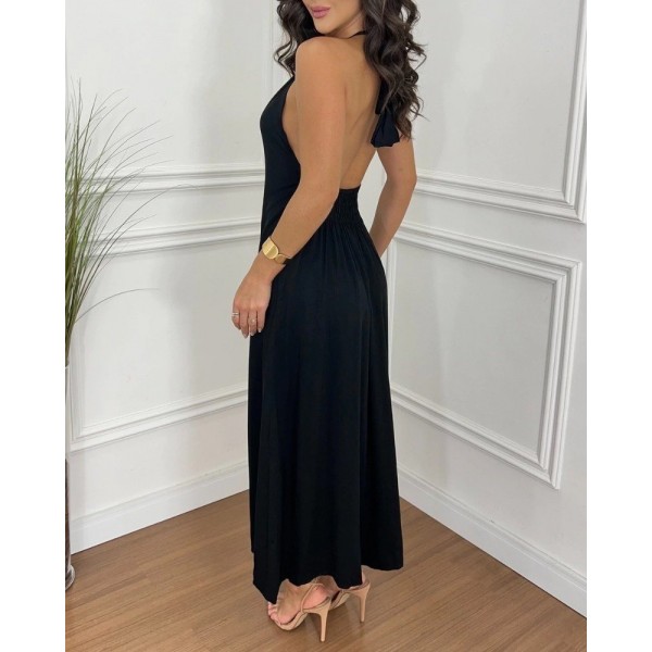 Kadın Boyundan Askılı Halter Kollu Viskon Elbise