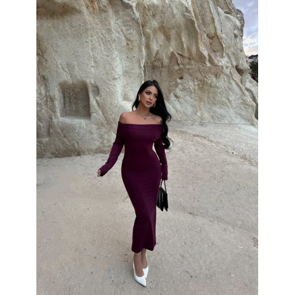 Kadın Uzun Kollu Madonna Yaka Midi Boy Elbise