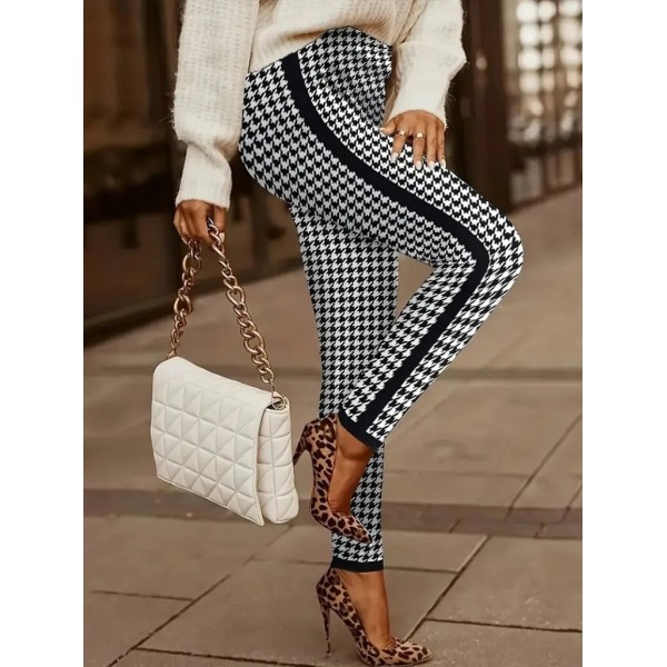 Kadın Yüksek Bel Kaz Ayağı Desenli Yanları şeritli Dalgıç Pantolon