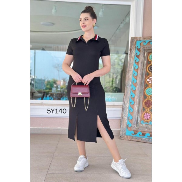 Kadın Yaka Ribanalı Çift Yırtmaçlı Elbise