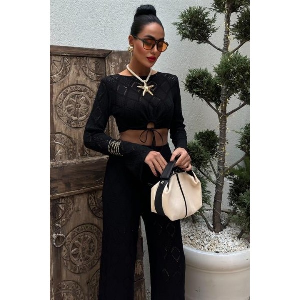 Göğüs Bağcık Detaylı Ajurlu Bluz Pantolon Takım 10098