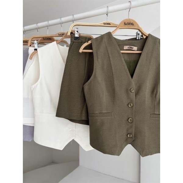 Yelek Şort Flamlı Keten Takım 10133-17