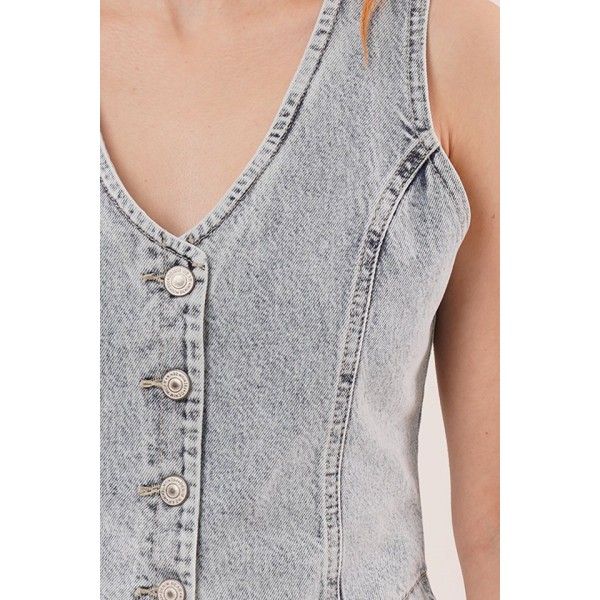 Düğme Ve Ön Dikiş Detaylı Mavi Jean Yelek